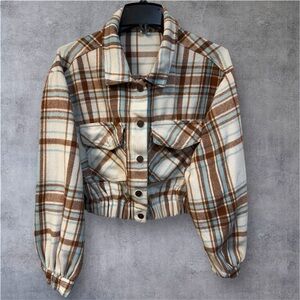 Brown and White Utility Jacket with Cropped Plaid Design